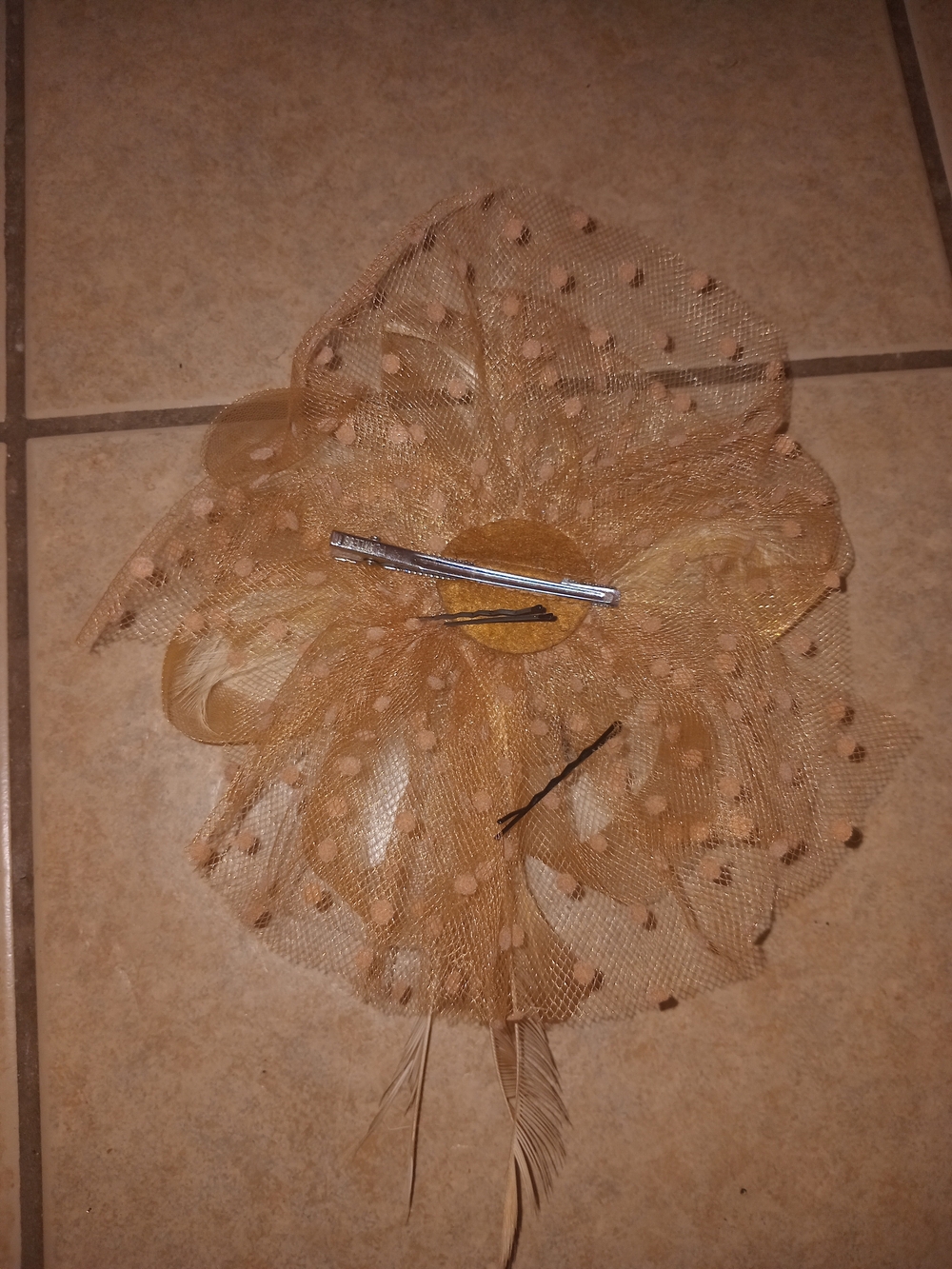 Gold Polka Dot Tulle Feather Hair Clip